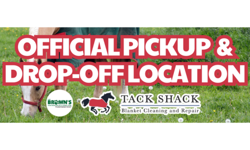 Official Pickup & Drop-Off Location for the Tack Shack Blanket Cleaning and Repair. Horse in the background with a horse blanket on eating grass.