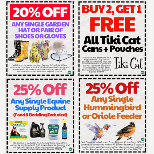 Four colorful coupon offers from A.W. Brown: "20% OFF Any Single Garden Hat or Pair of Shoes or Gloves" with images of garden boots, shoes, and a hat; "BUY 2, GET 1 FREE All Tiki Cat Cans + Pouches" with the Tiki Cat logo and images of cat food; "25% OFF Any Single Equine Supply Product (Food & Bedding Excluded)" with images of equine products; and "25% OFF Any Single Hummingbird or Oriole Feeder" with images of a hummingbird and an oriole. All coupons expire on 7/28/24.