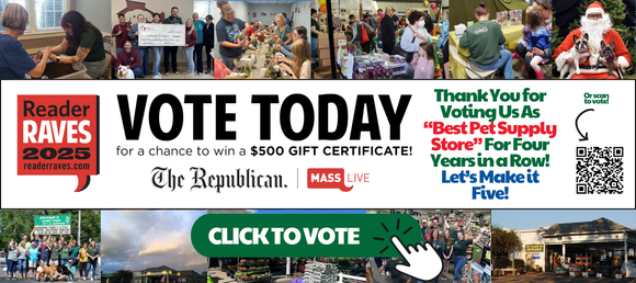 Vote Today for a chance to win a $500 gift certificate in the Reader Raves 2025 by The Republican and MassLive. Thank you for voting us as 'Best Pet Supply Store' for four years in a row! Let's make it five! Click to vote or scan the QR code. Image includes various community events and activities with pet store staff and customers