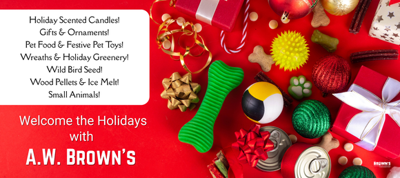 Festive holiday advertisement with gifts, ornaments, and colorful pet toys on a red background. Includes headings about holiday offerings by A.W. Brown's.